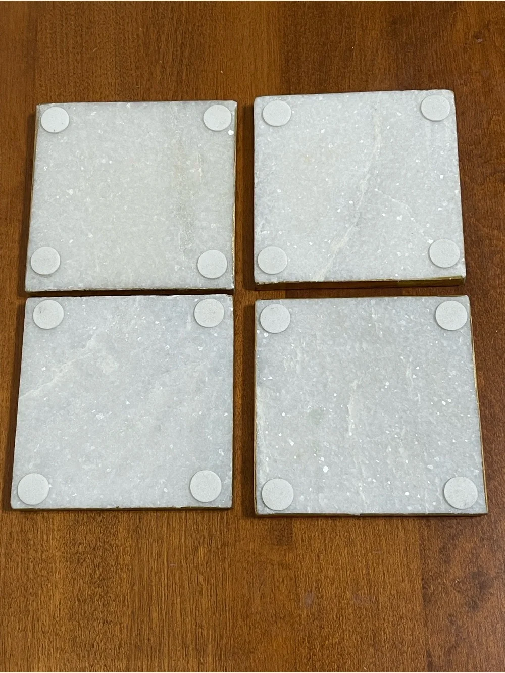 White Natural Stone Marble Sparkle Shimmery Square Coasters Gold Edges 4x4 4 Set